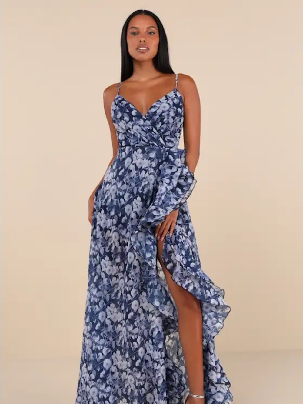 Lulu's Navy Blue Floral Wrap Maxi Dress with Ruffle Slit